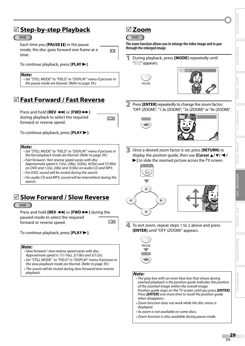 Step-by-step playback, Fast forward / fast reverse, Slow forward / slow reverse | 5zoom | Sylvania LD155SL8 User Manual | Page 29 / 48