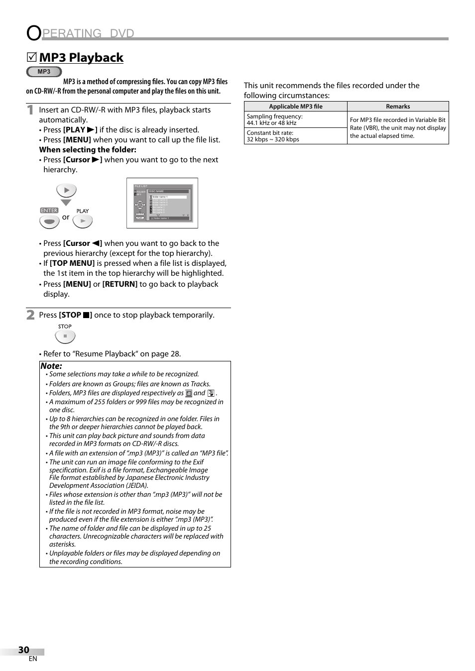 Perating dvd, Mp3 playback | Sylvania LD155SL8 User Manual | Page 30 / 48