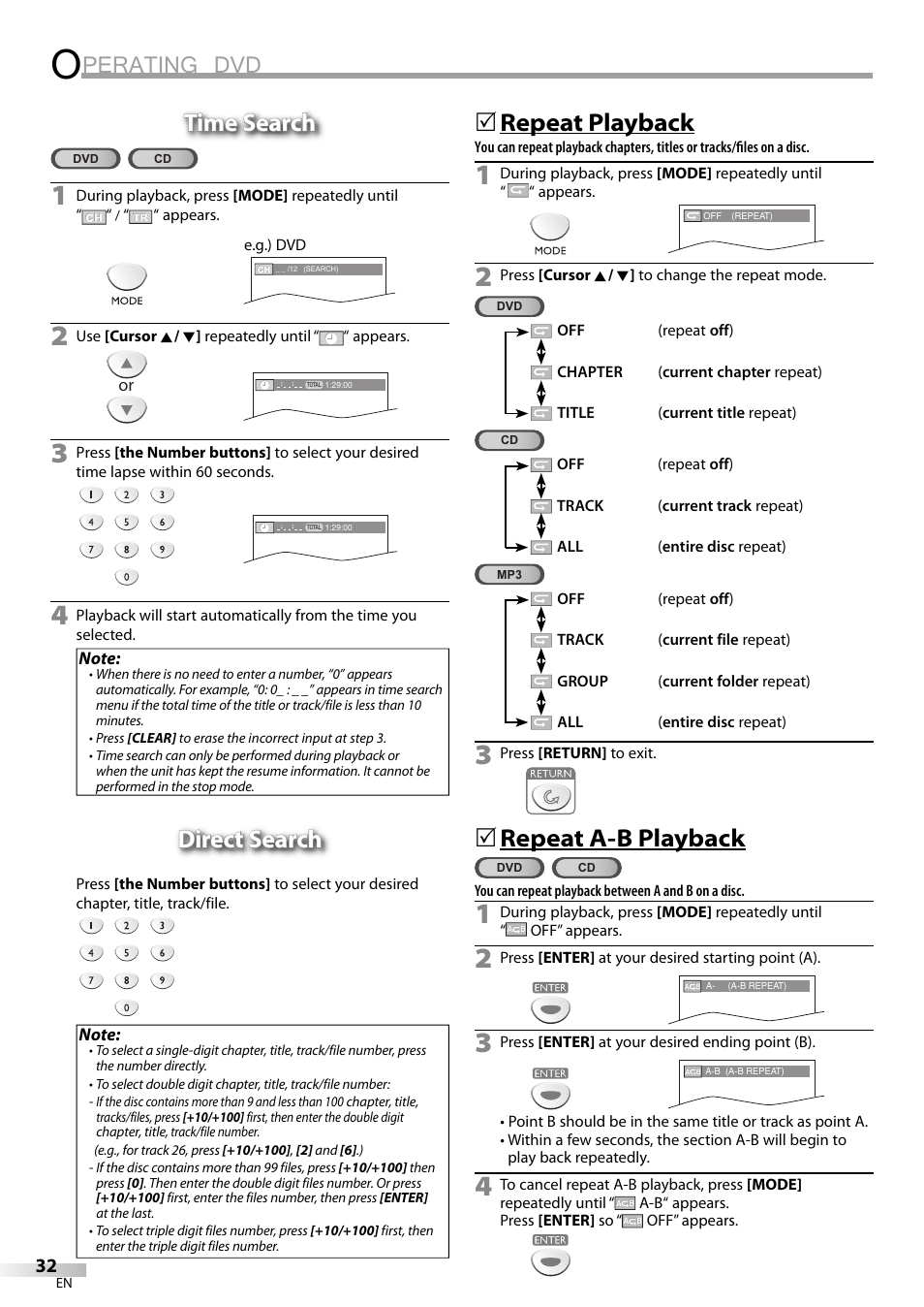 Perating dvd, Time search, Direct search | Repeat playback, Repeat a-b playback | Sylvania LD155SL8 User Manual | Page 32 / 48