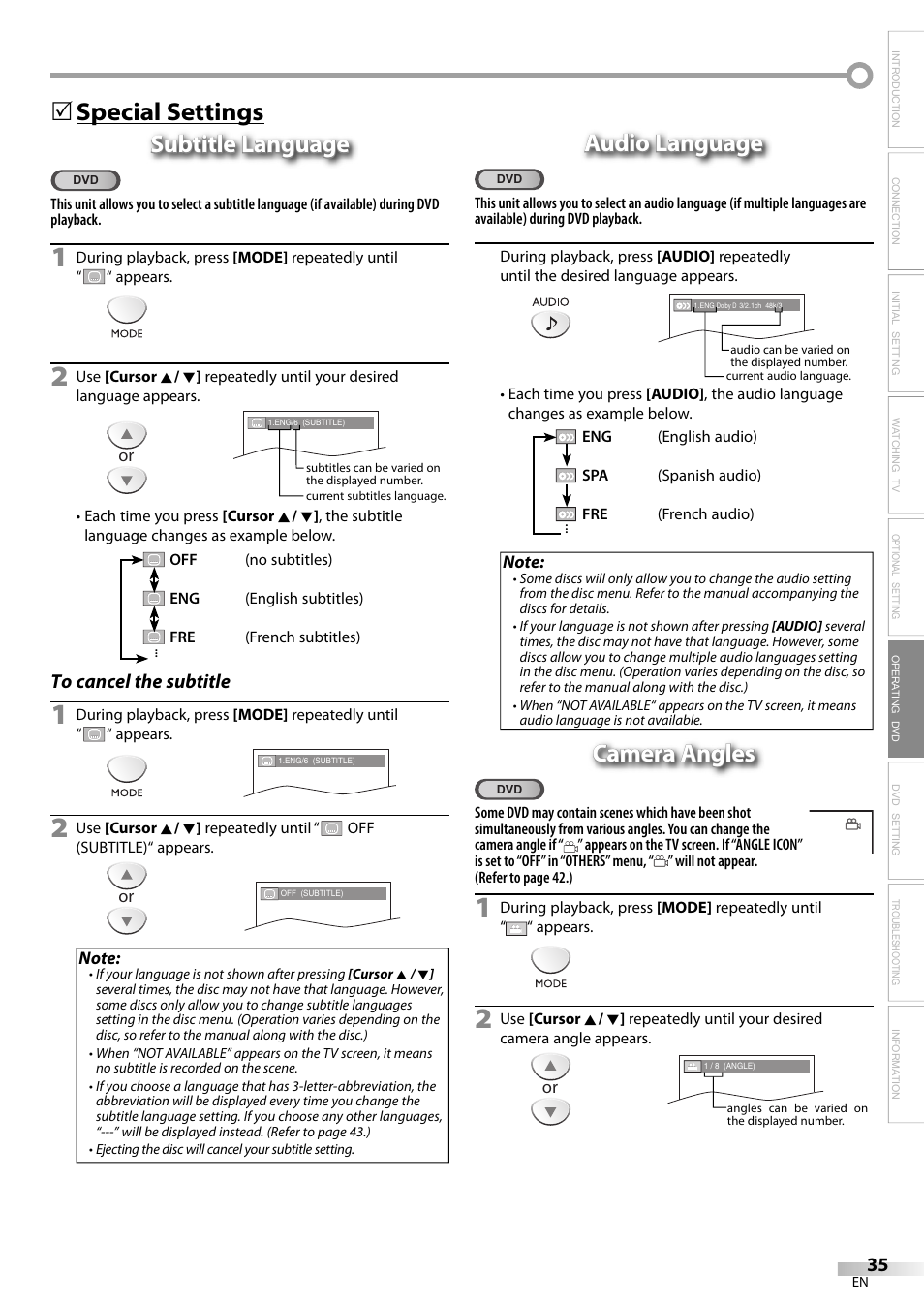 5audio language audio language, Camera angles | Sylvania LD155SL8 User Manual | Page 35 / 48