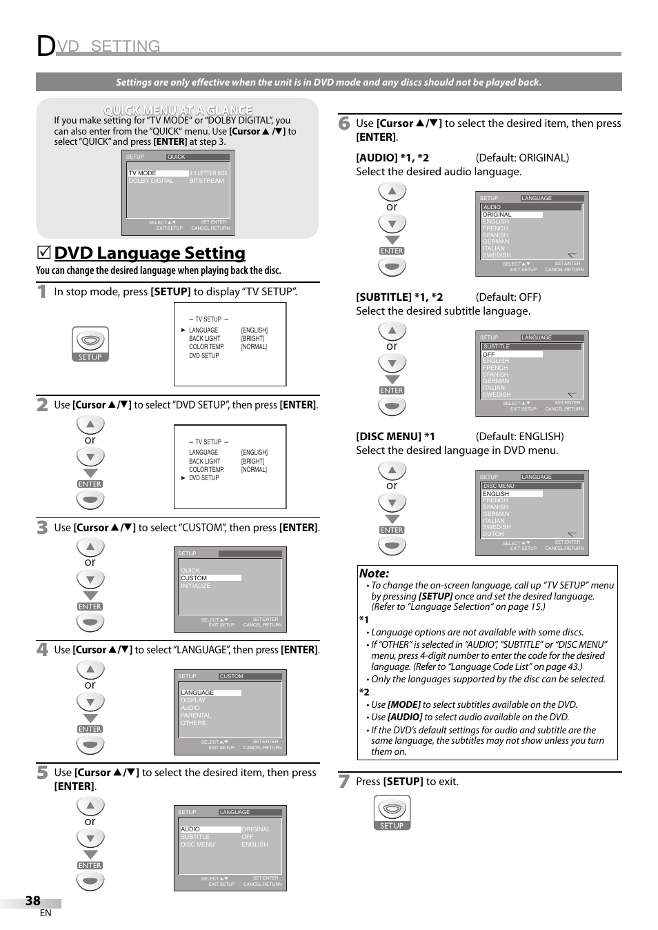 Vd setting, Dvd language setting, Quick menu at a glance | Sylvania LD155SL8 User Manual | Page 38 / 48