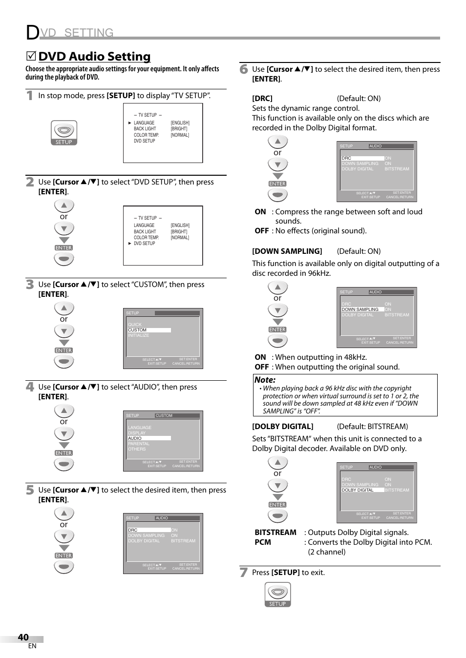 Vd setting, Dvd audio setting | Sylvania LD155SL8 User Manual | Page 40 / 48