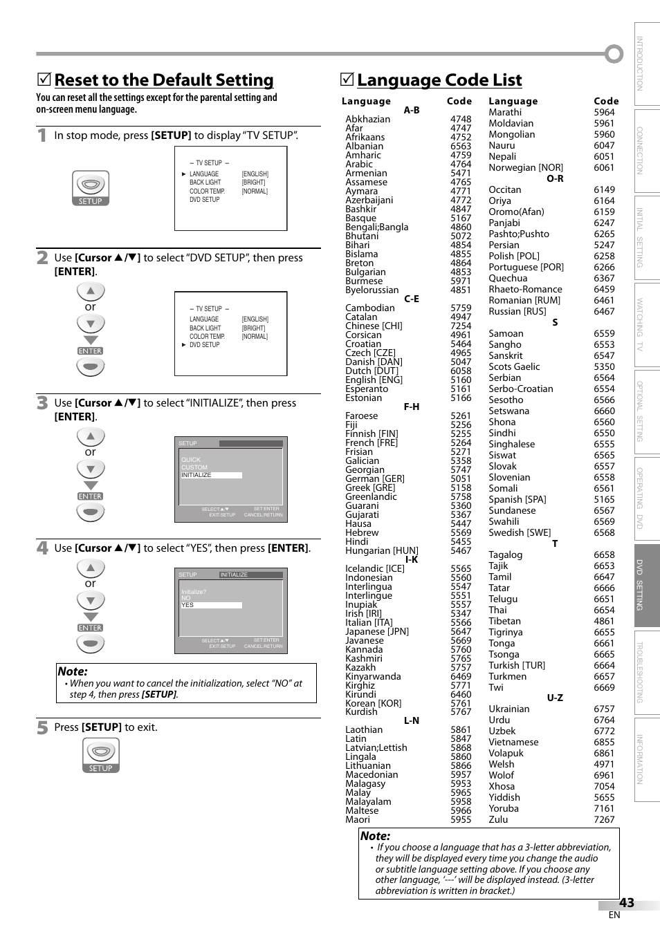 Reset to the default setting, 5language code list | Sylvania LD155SL8 User Manual | Page 43 / 48