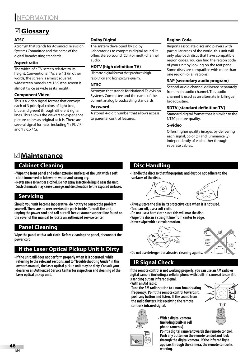 Nformation, Maintenance 5 glossary 5, Cabinet cleaning | Servicing, Panel cleaning, If the laser optical pickup unit is dirty, Disc handling, Ir signal check | Sylvania LD155SL8 User Manual | Page 46 / 48