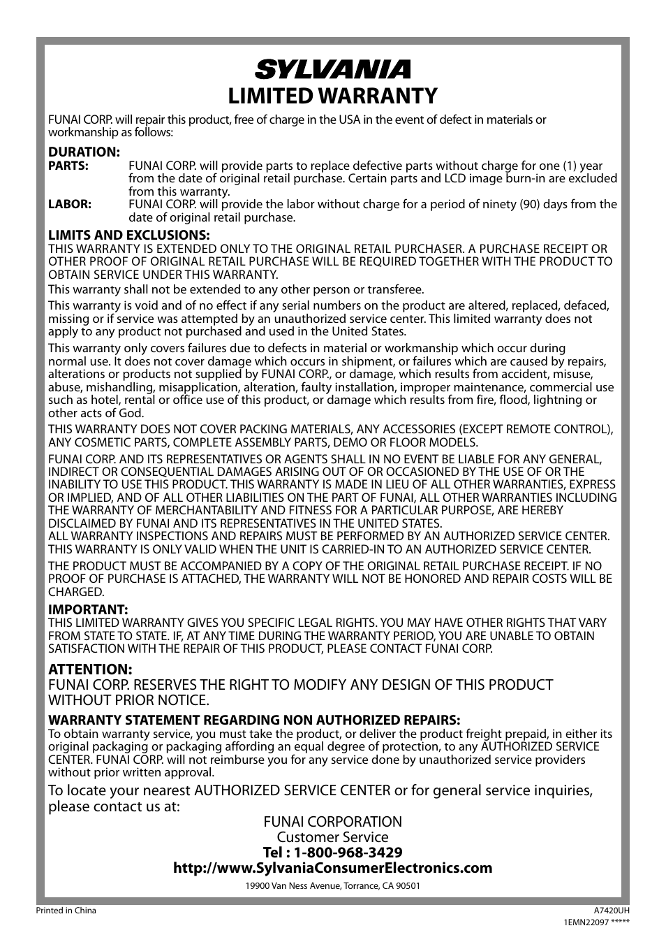 Limited warranty | Sylvania LD155SL8 User Manual | Page 48 / 48