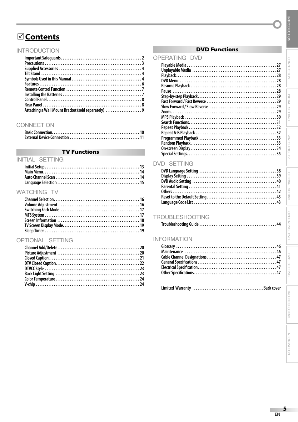 Introduction, Connection, Initial setting | Watching tv, Optional setting, Operating dvd, Dvd setting, Troubleshooting, Information, Contents 5 | Sylvania LD155SL8 User Manual | Page 5 / 48