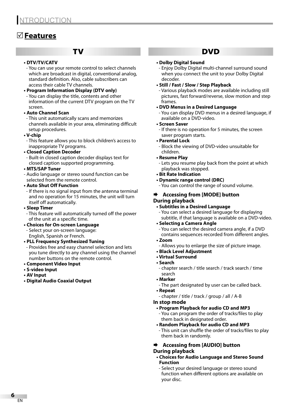 Ntroduction, Features 5 tv dvd | Sylvania LD155SL8 User Manual | Page 6 / 48