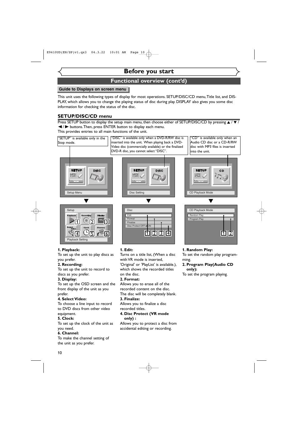 Before you start, Functional overview (cont’d) | Sylvania DVR90VE User Manual | Page 10 / 108