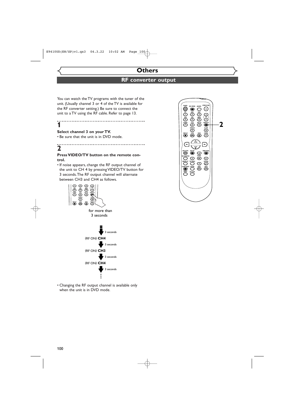 Others, Rf converter output, For more than 3 seconds | Sylvania DVR90VE User Manual | Page 100 / 108