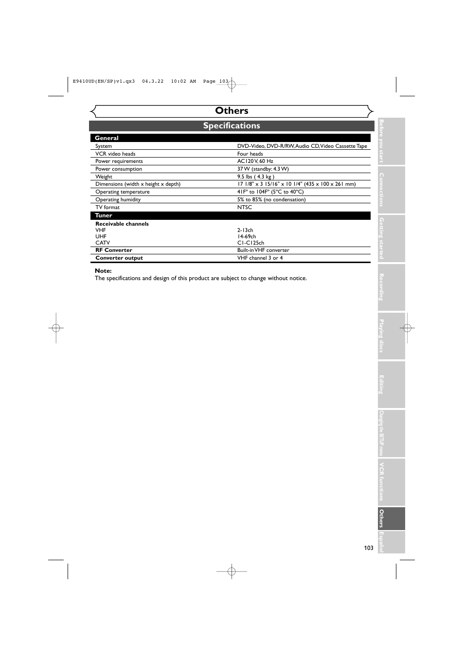 Others, Specifications | Sylvania DVR90VE User Manual | Page 103 / 108