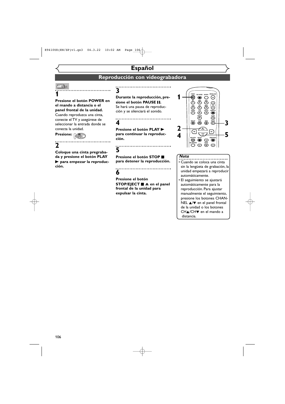 Español, Reproducción con videograbadora, Nota | Sylvania DVR90VE User Manual | Page 106 / 108