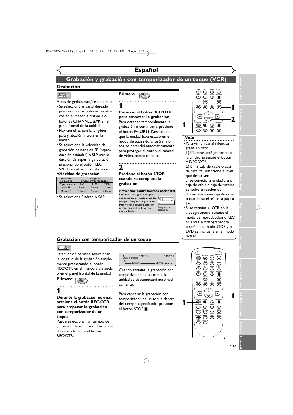 Español, Grabación con temporizador de un toque, Grabación | Nota | Sylvania DVR90VE User Manual | Page 107 / 108