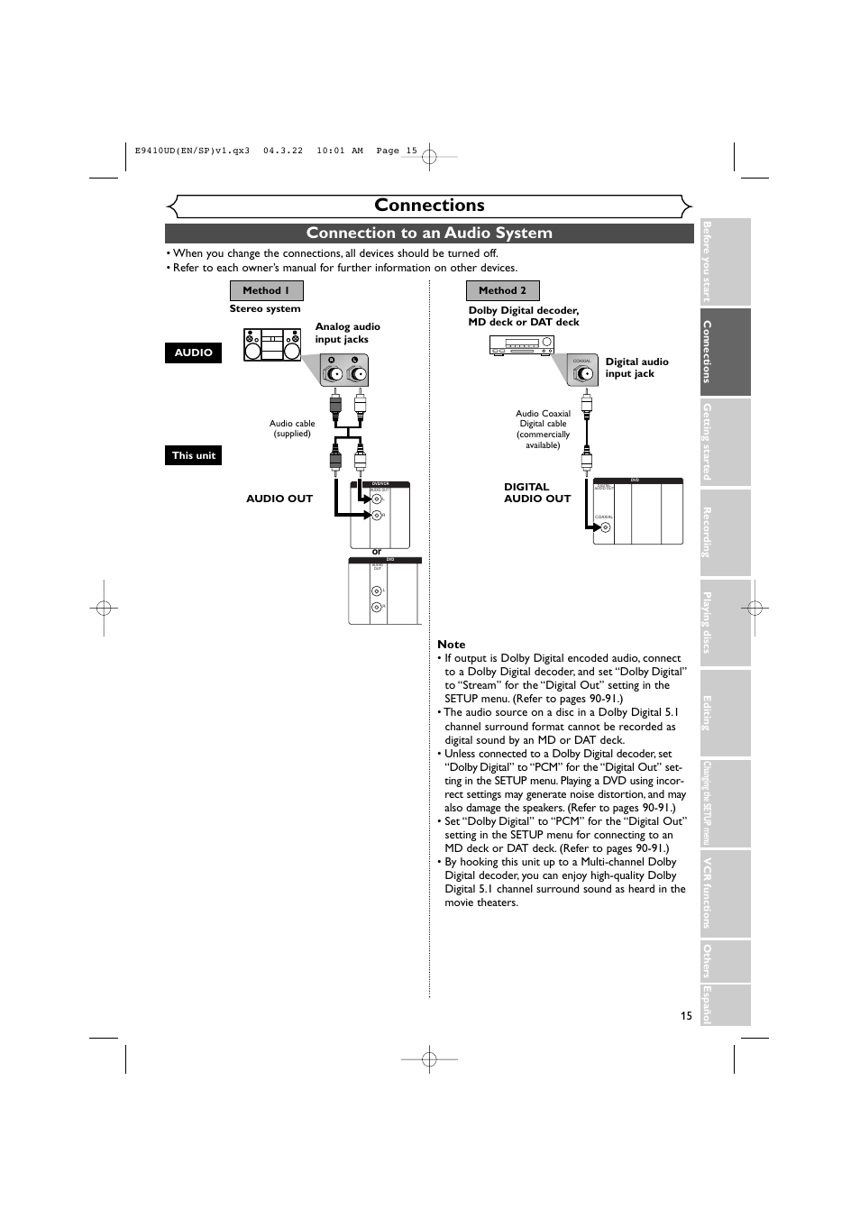 Connections, Connection to an audio system | Sylvania DVR90VE User Manual | Page 15 / 108