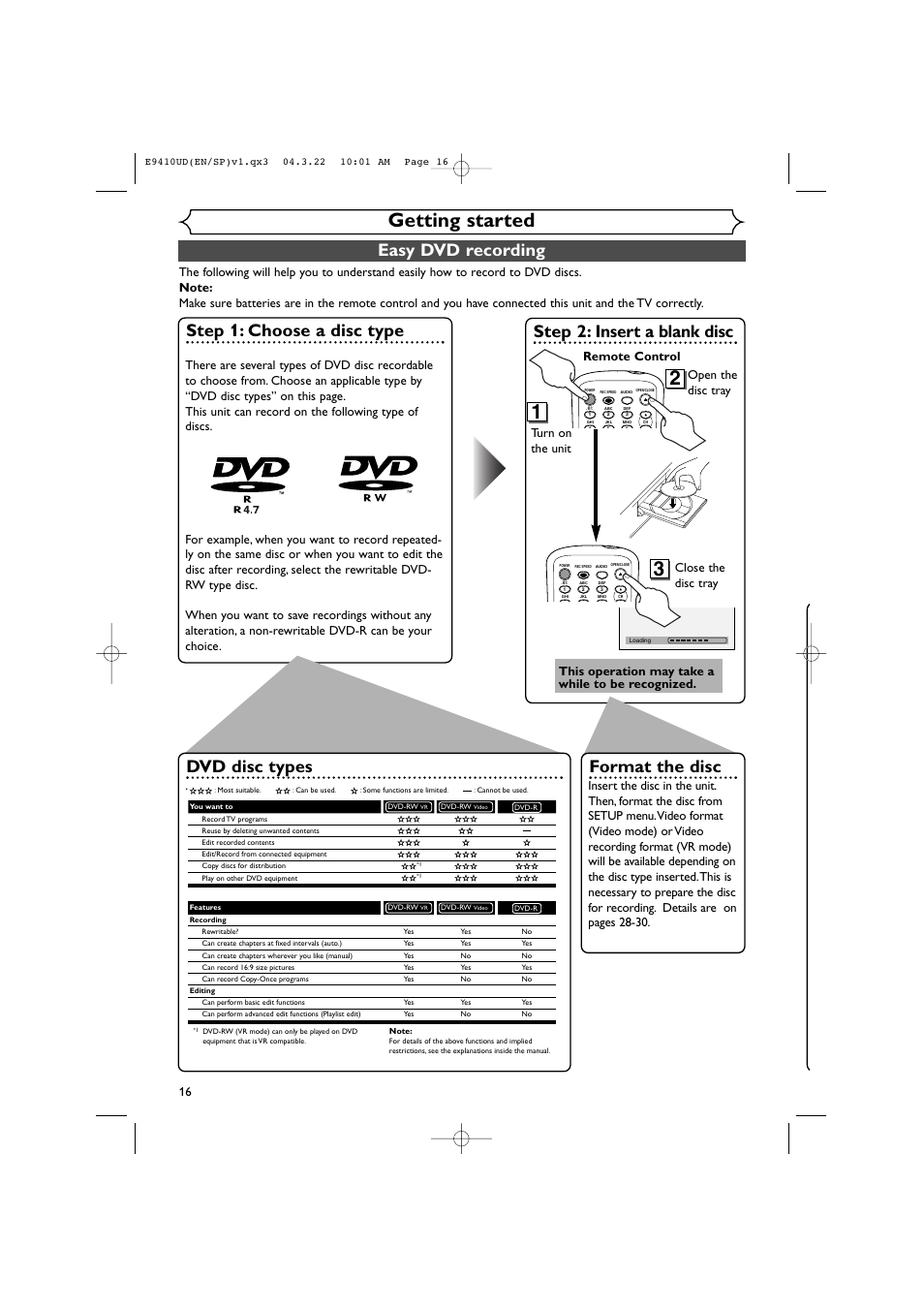 Getting started, Easy dvd recording, Step 1: choose a disc type | Step 2: insert a blank disc, Format the disc, Dvd disc types, Turn on the unit, This operation may take a while to be recognized | Sylvania DVR90VE User Manual | Page 16 / 108