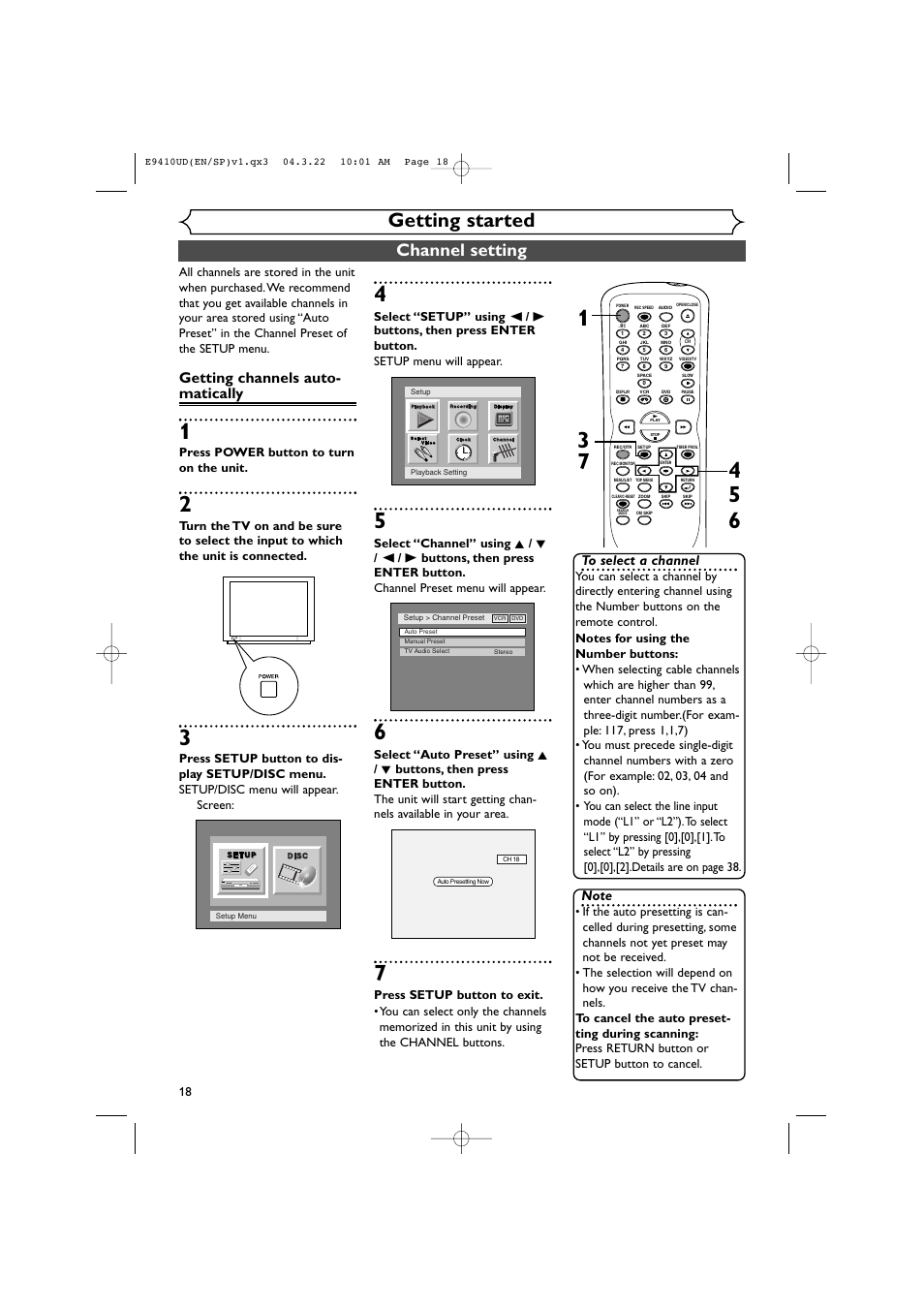 Getting started, Channel setting, Getting channels auto- matically | Press power button to turn on the unit | Sylvania DVR90VE User Manual | Page 18 / 108