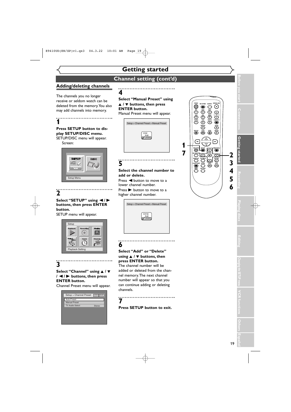 Getting started, Channel setting (cont’d), Adding/deleting channels | Press setup button to exit | Sylvania DVR90VE User Manual | Page 19 / 108