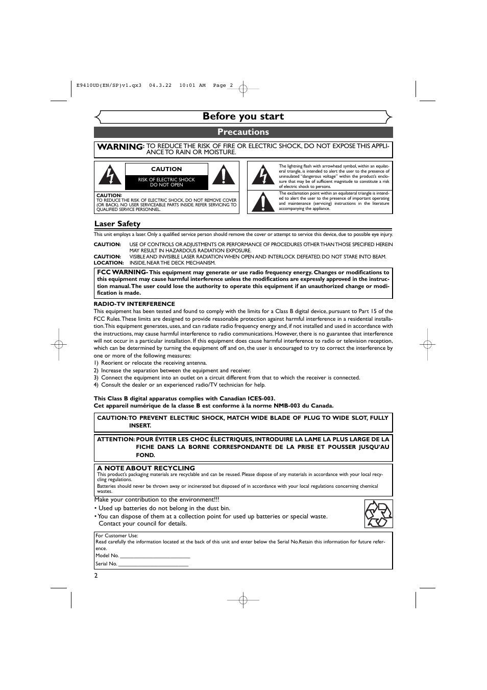 Before you start, Precautions, Warning | Sylvania DVR90VE User Manual | Page 2 / 108