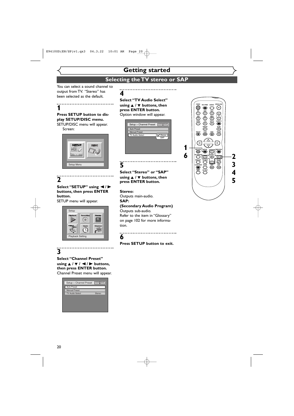 Getting started, Selecting the tv stereo or sap, Press setup button to exit | Sylvania DVR90VE User Manual | Page 20 / 108