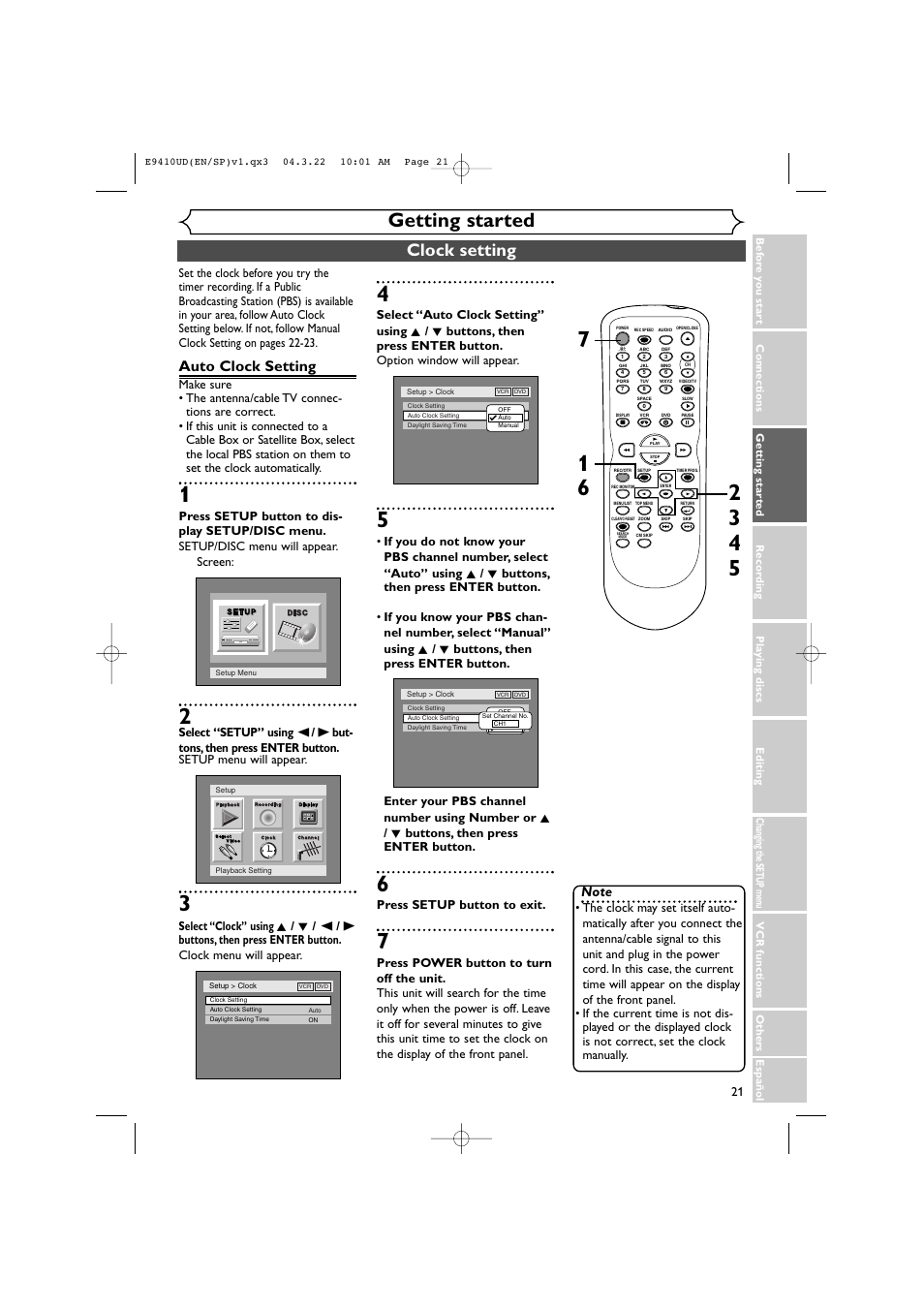 Getting started, Clock setting, Auto clock setting | Press setup button to exit | Sylvania DVR90VE User Manual | Page 21 / 108