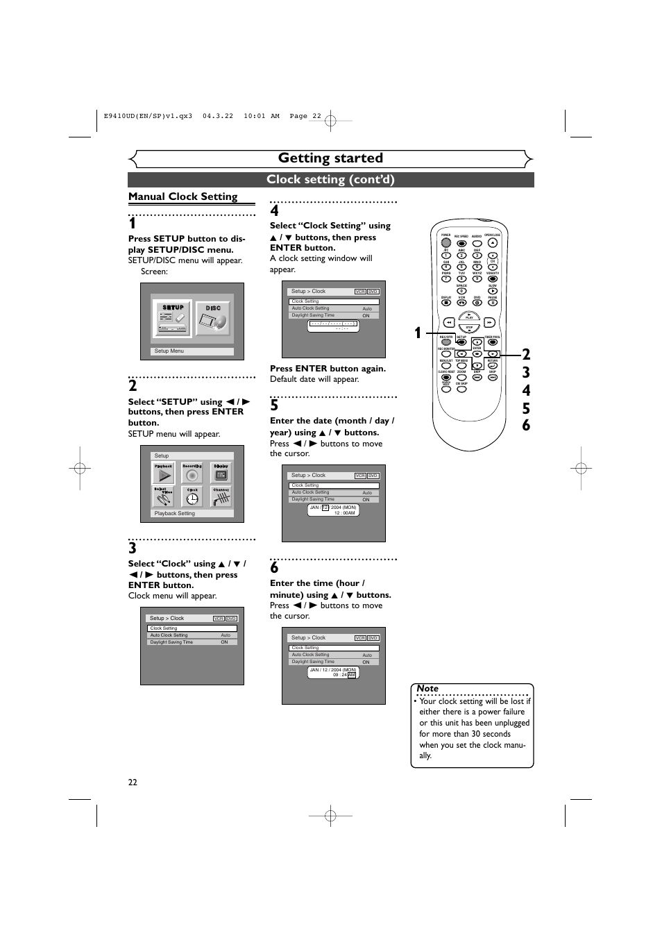 Getting started, Clock setting (cont’d), Manual clock setting | Sylvania DVR90VE User Manual | Page 22 / 108