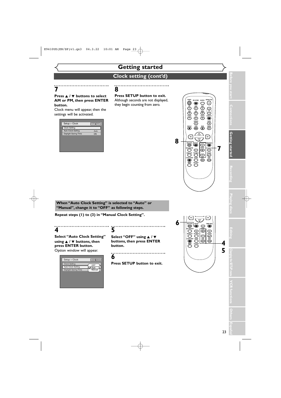 Getting started, Clock setting (cont’d), Press setup button to exit | Sylvania DVR90VE User Manual | Page 23 / 108