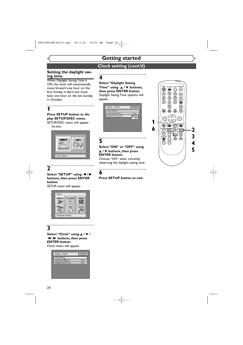 Getting started, Clock setting (cont’d), Setting the daylight sav- ing time | Press setup button to exit | Sylvania DVR90VE User Manual | Page 24 / 108