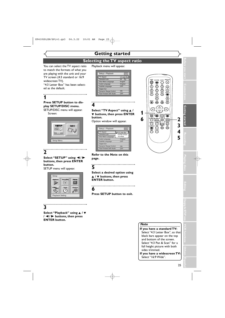 Getting started, Selecting the tv aspect ratio, Playback menu will appear | Press setup button to exit | Sylvania DVR90VE User Manual | Page 25 / 108