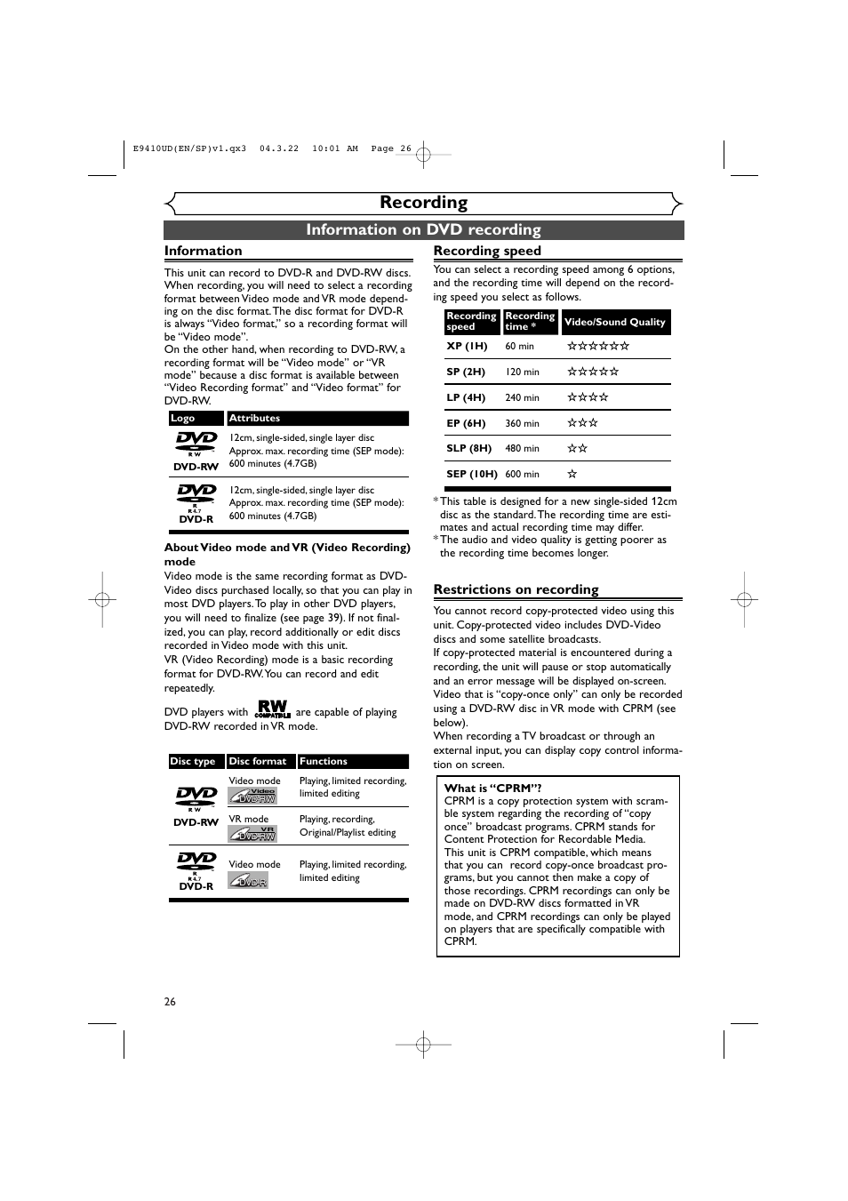 Recording, Information on dvd recording | Sylvania DVR90VE User Manual | Page 26 / 108