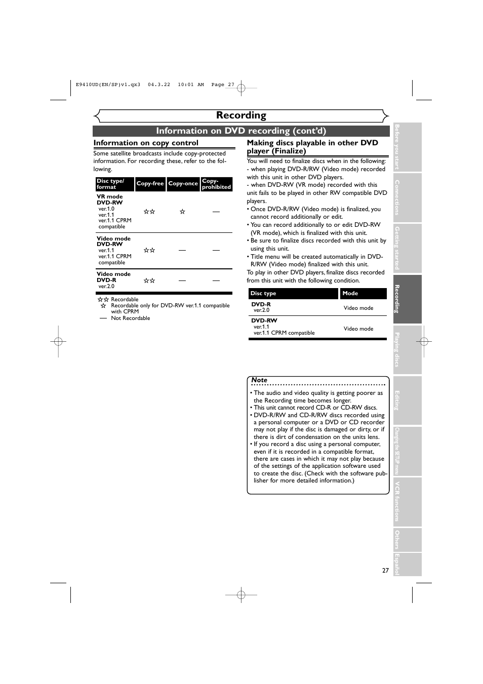 Recording, Information on dvd recording (cont’d) | Sylvania DVR90VE User Manual | Page 27 / 108