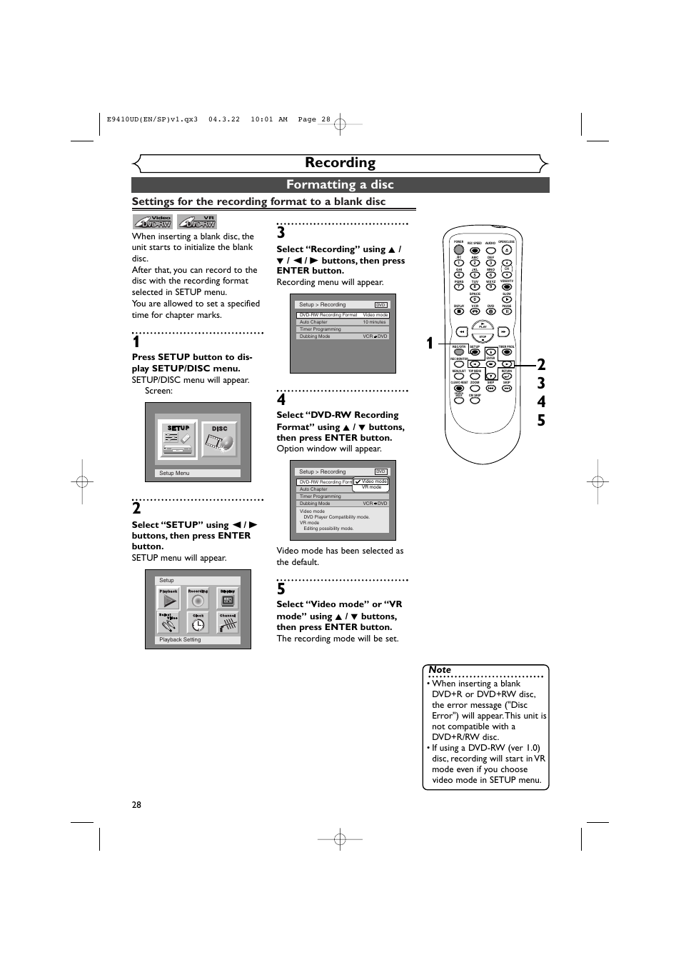 Recording, Formatting a disc, Settings for the recording format to a blank disc | Sylvania DVR90VE User Manual | Page 28 / 108