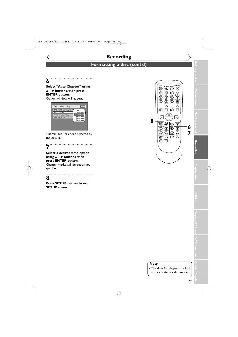 Recording, Formatting a disc (cont’d), Press setup button to exit setup menu | Sylvania DVR90VE User Manual | Page 29 / 108