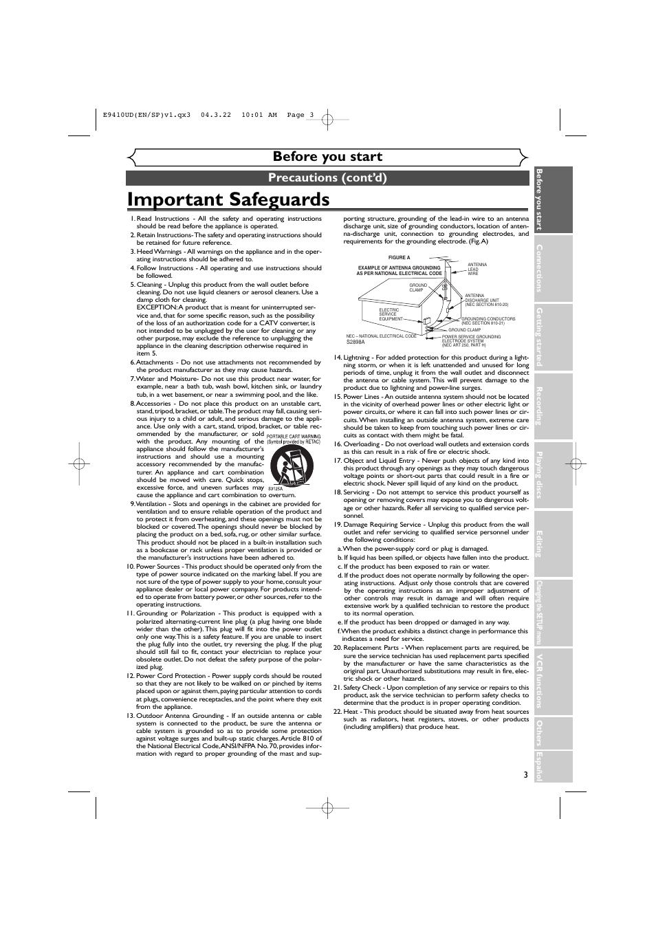 Important safeguards, Before you start, Precautions (cont’d) | Sylvania DVR90VE User Manual | Page 3 / 108