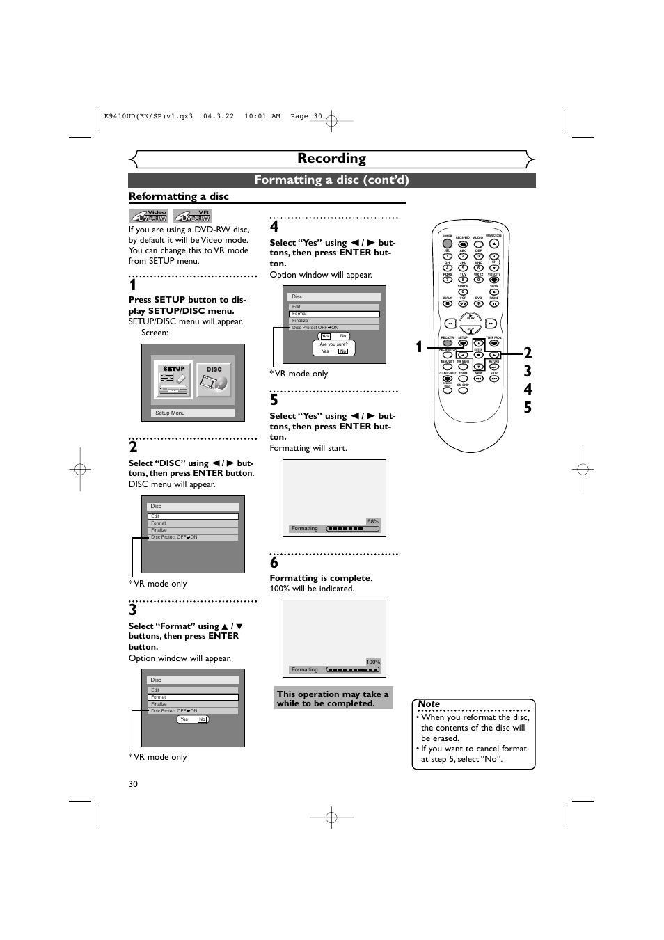 Recording, Formatting a disc (cont’d), Reformatting a disc | Sylvania DVR90VE User Manual | Page 30 / 108