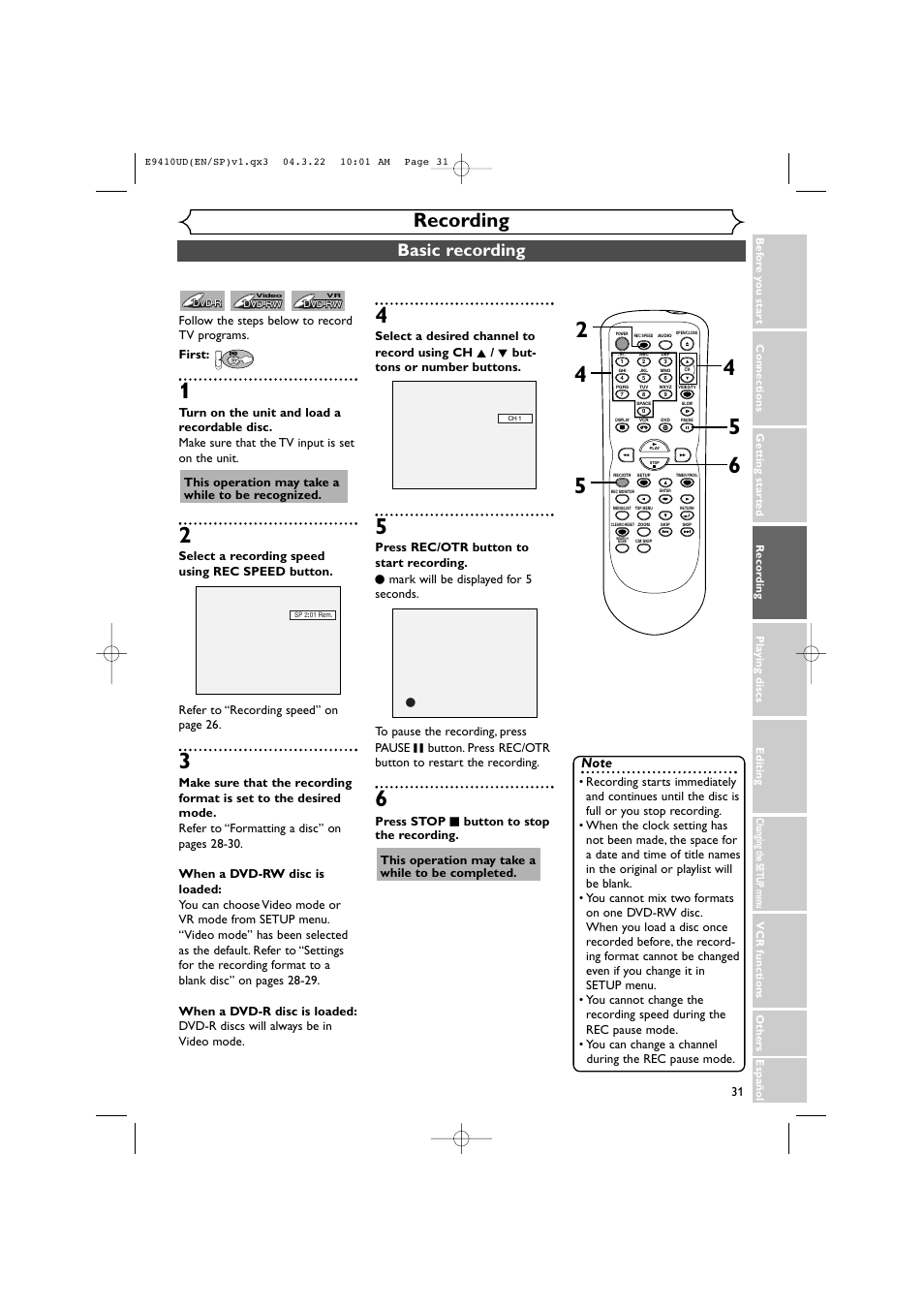 Recording, Basic recording | Sylvania DVR90VE User Manual | Page 31 / 108