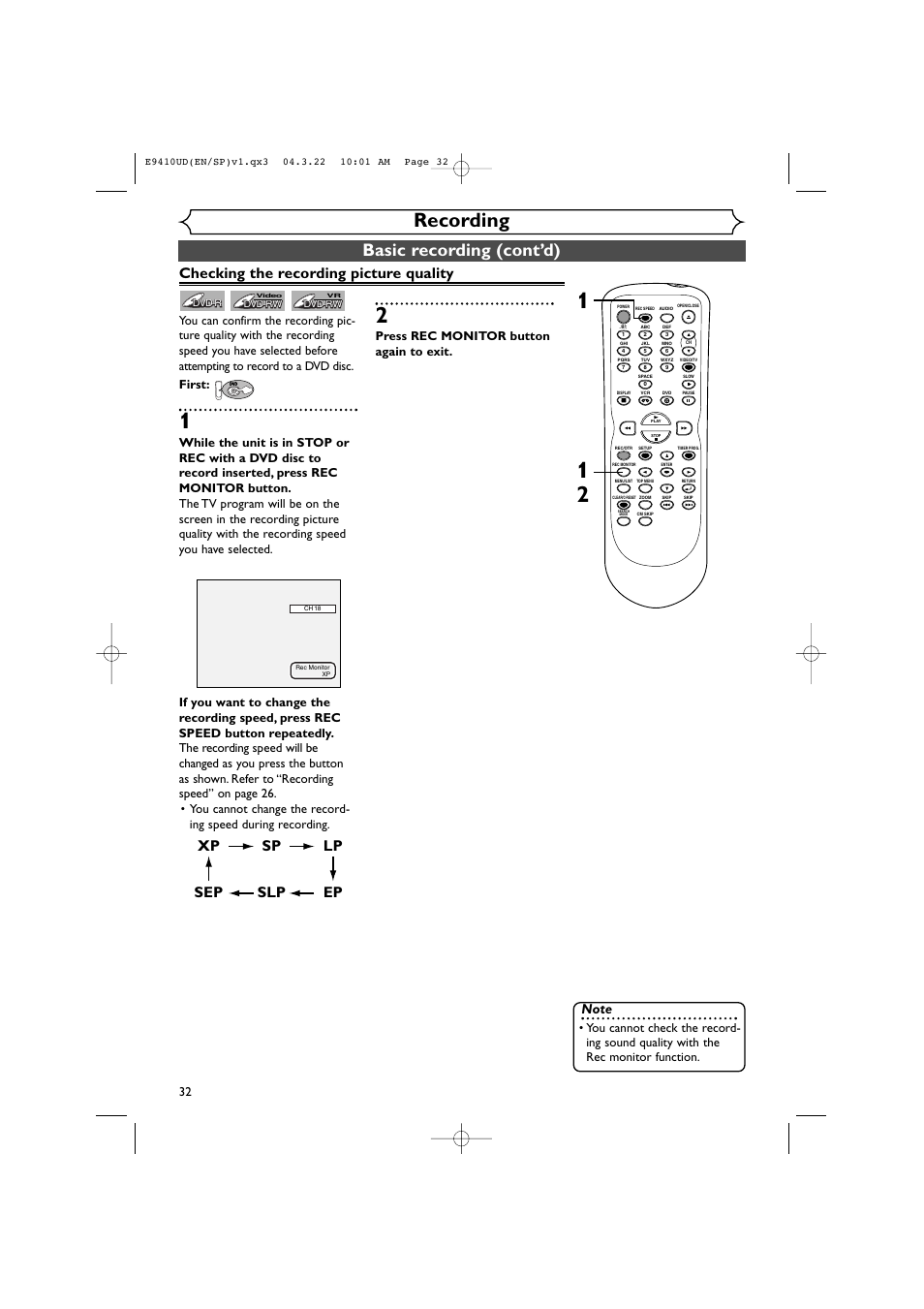 Recording, Basic recording (cont’d), Xp sp lp ep slp sep | Checking the recording picture quality, Press rec monitor button again to exit | Sylvania DVR90VE User Manual | Page 32 / 108