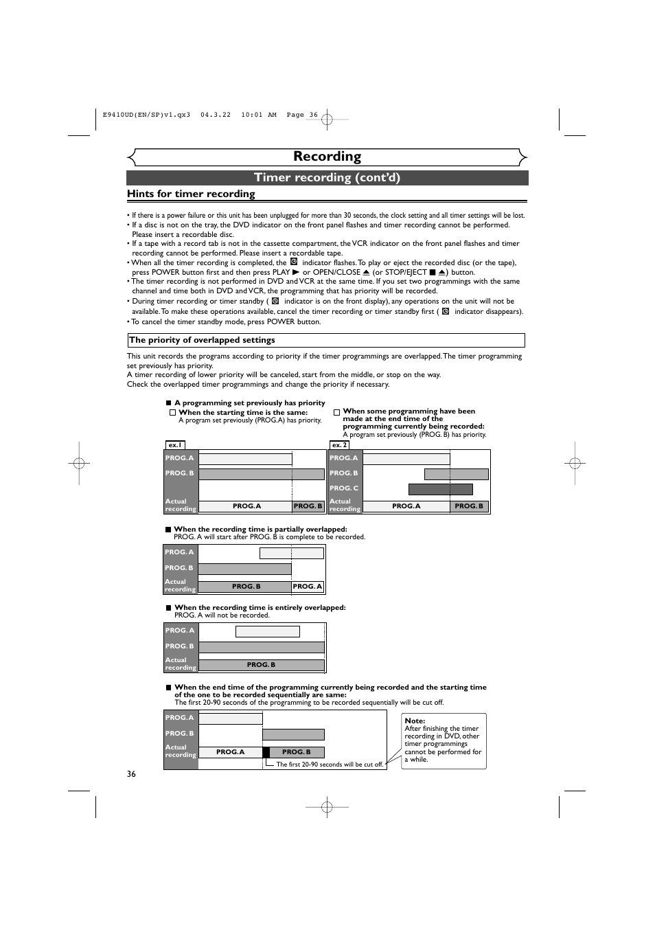 Recording, Timer recording (cont’d), Hints for timer recording | Sylvania DVR90VE User Manual | Page 36 / 108