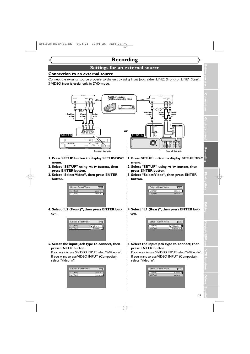 Recording, Settings for an external source, Connection to an external source | Sylvania DVR90VE User Manual | Page 37 / 108