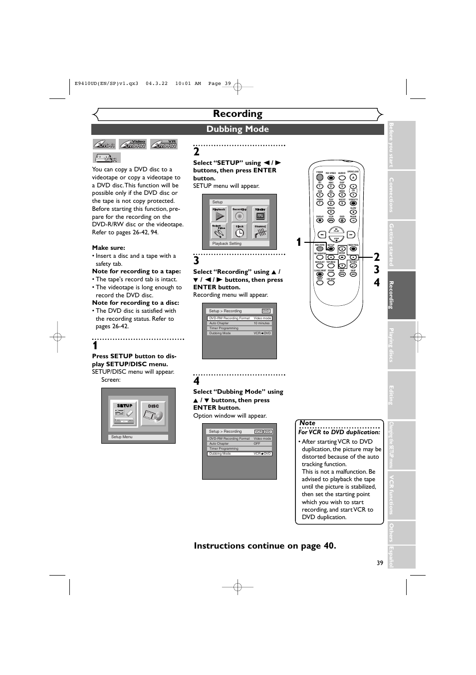 Recording, Dubbing mode, Instructions continue on page 40 | Sylvania DVR90VE User Manual | Page 39 / 108