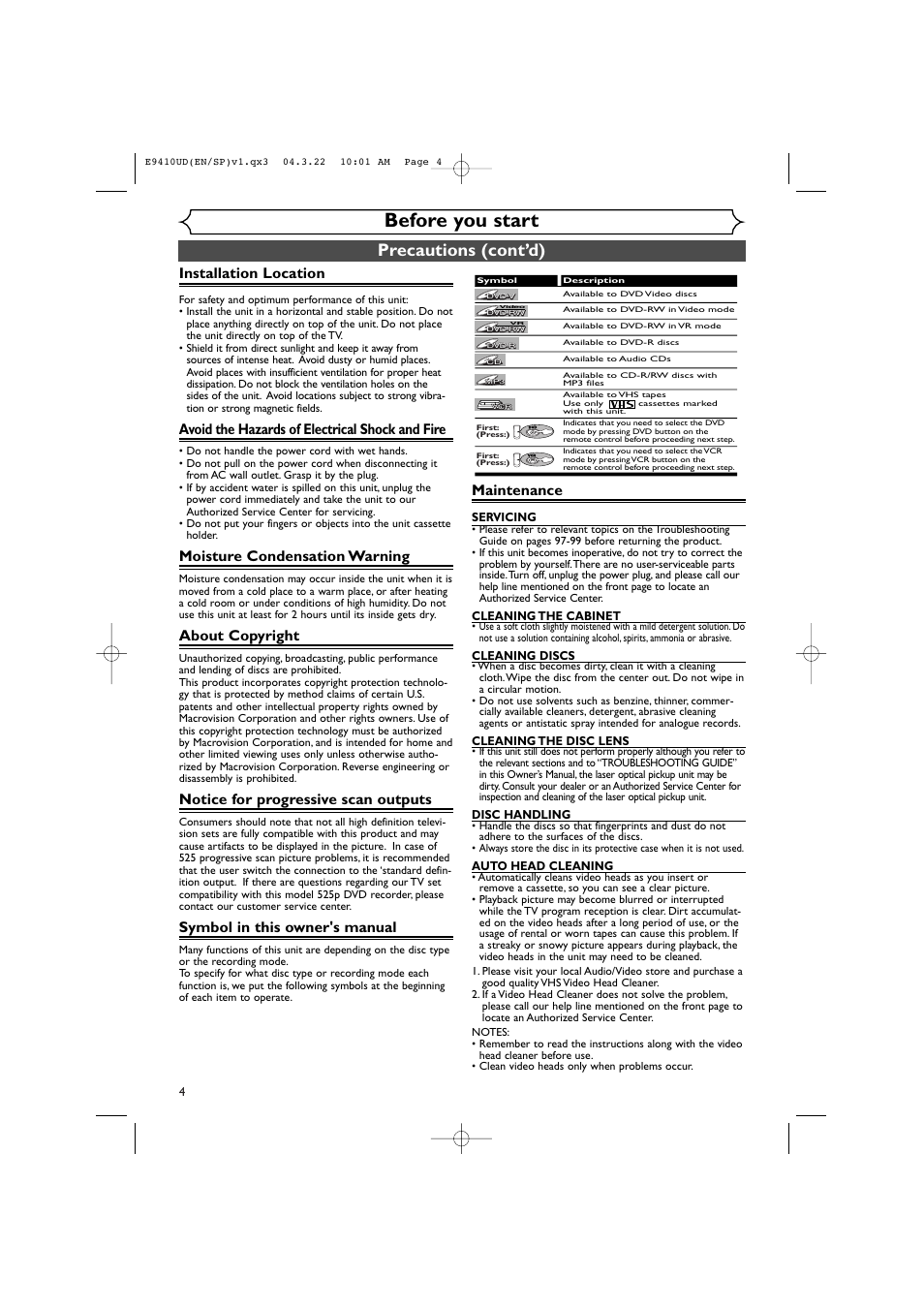 Before you start, Precautions (cont’d), Installation location | Avoid the hazards of electrical shock and fire, Moisture condensation warning, About copyright, Notice for progressive scan outputs, Symbol in this owner's manual, Maintenance | Sylvania DVR90VE User Manual | Page 4 / 108