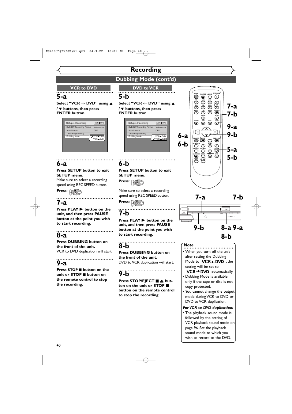 A 5-a 5-b 6-b, Recording, Dubbing mode (cont’d) | Dvd to vcr, Vcr to dvd | Sylvania DVR90VE User Manual | Page 40 / 108