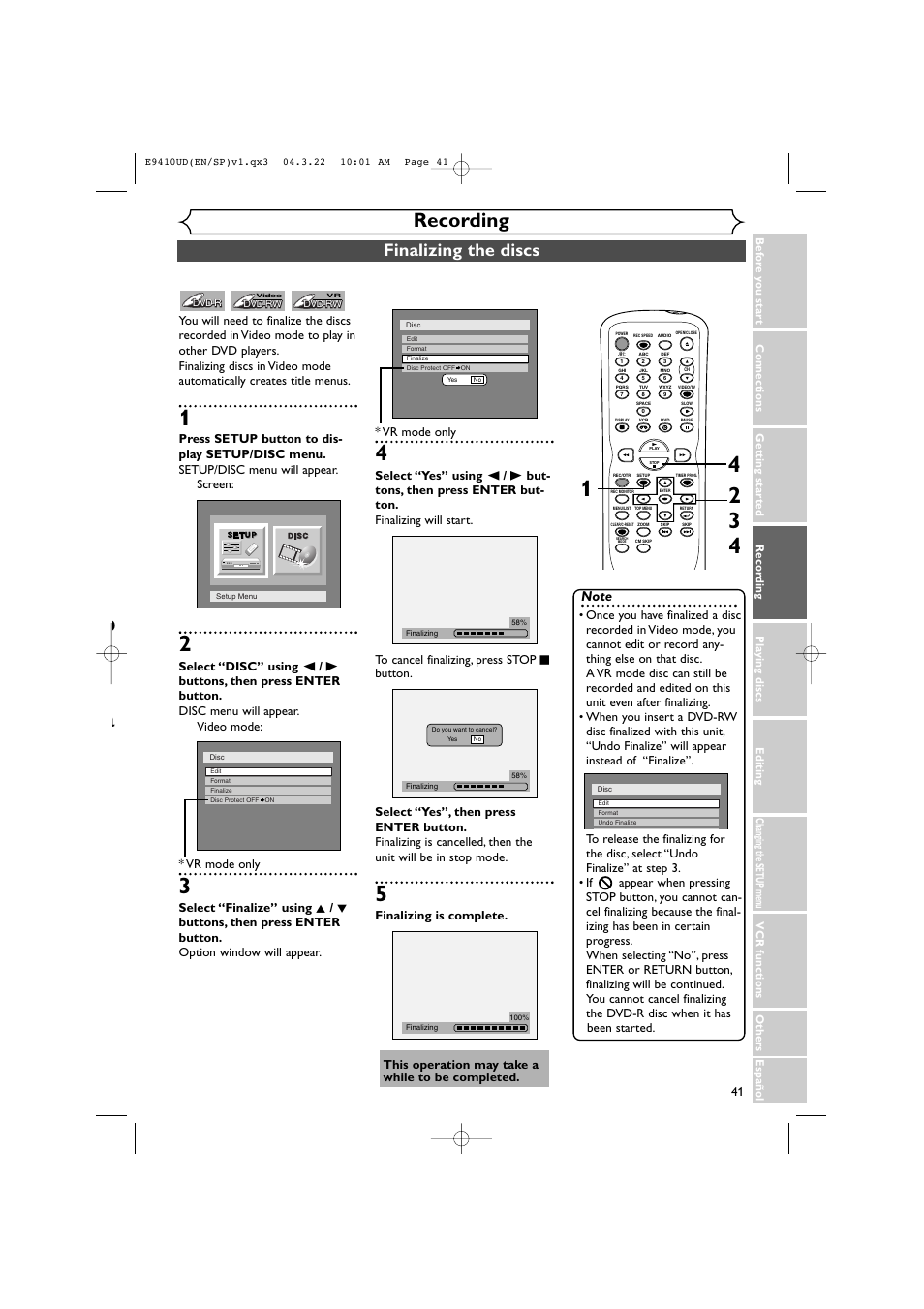 Recording, Finalizing the discs | Sylvania DVR90VE User Manual | Page 41 / 108