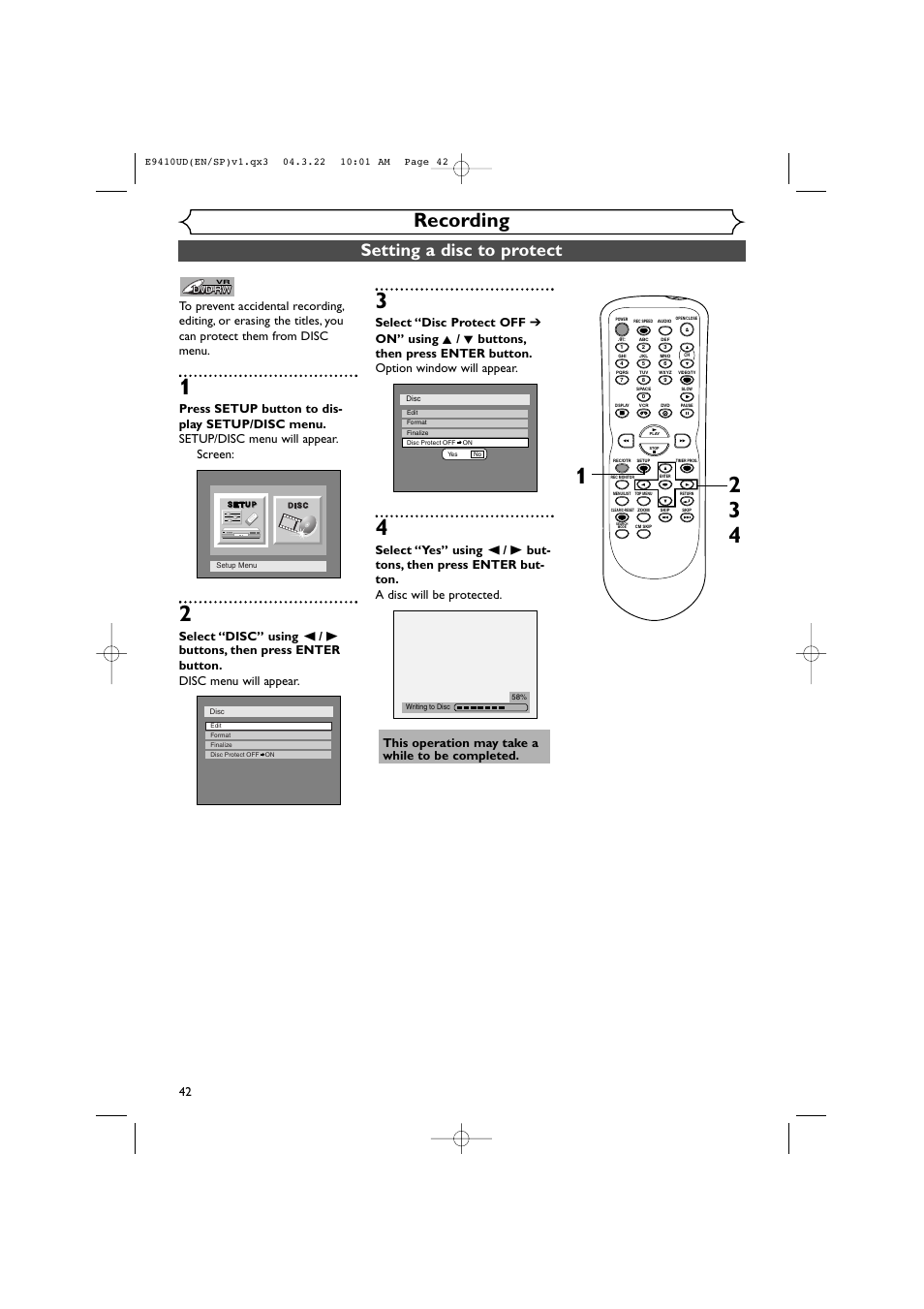 Recording, Setting a disc to protect | Sylvania DVR90VE User Manual | Page 42 / 108