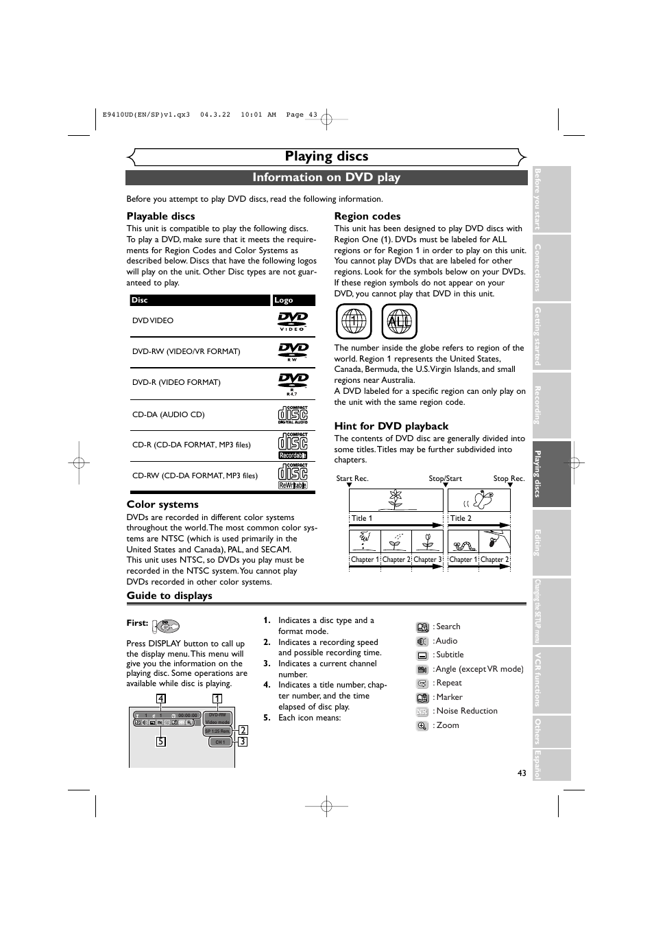 Playing discs, Information on dvd play | Sylvania DVR90VE User Manual | Page 43 / 108