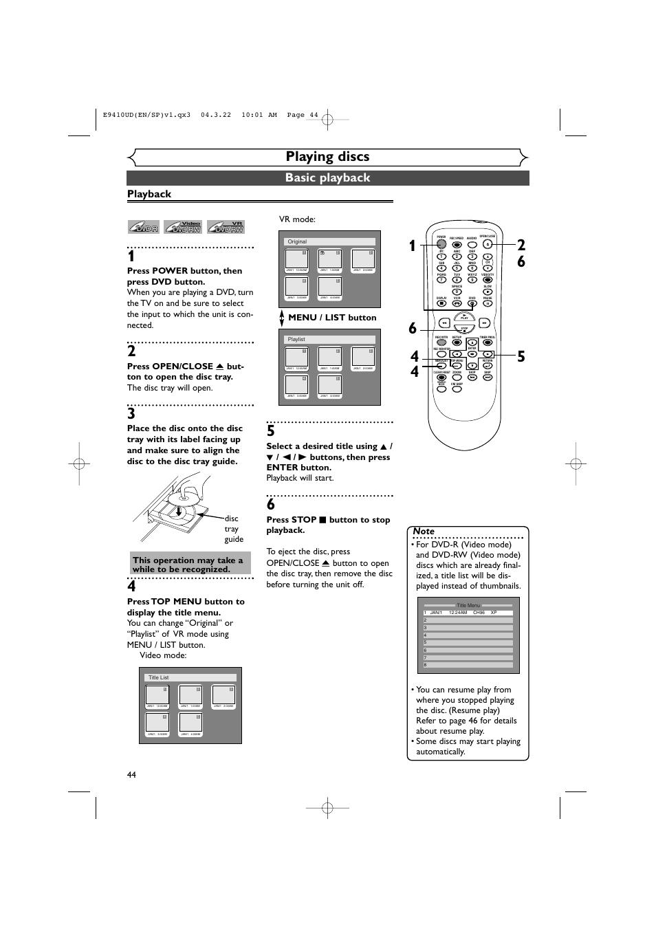 Playing discs, Basic playback, Playback | This operation may take a while to be recognized, Disc tray guide | Sylvania DVR90VE User Manual | Page 44 / 108