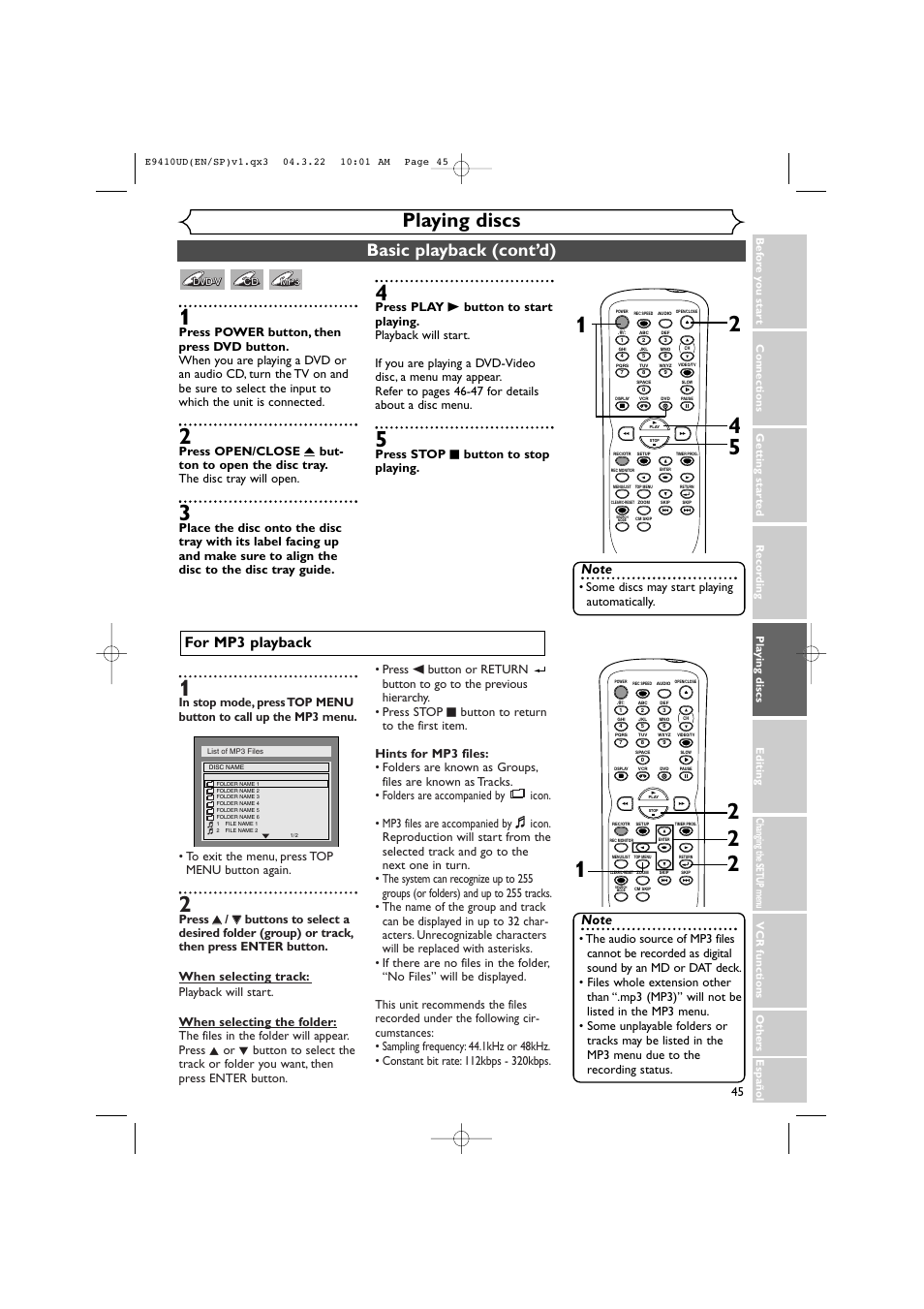 Playing discs, Basic playback (cont’d), For mp3 playback | Press stop c button to stop playing, Some discs may start playing automatically | Sylvania DVR90VE User Manual | Page 45 / 108