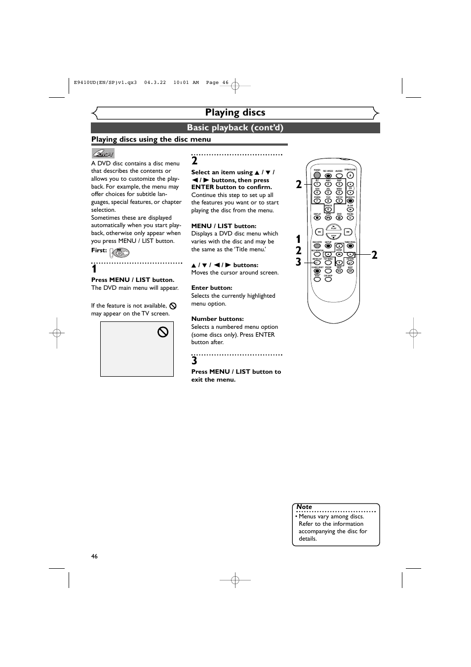 Playing discs, Basic playback (cont’d), Playing discs using the disc menu | Press menu / list button to exit the menu | Sylvania DVR90VE User Manual | Page 46 / 108