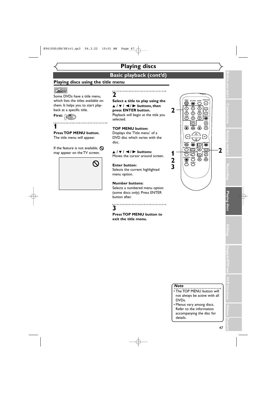Playing discs, Basic playback (cont’d), Playing discs using the title menu | Press top menu button to exit the title menu | Sylvania DVR90VE User Manual | Page 47 / 108