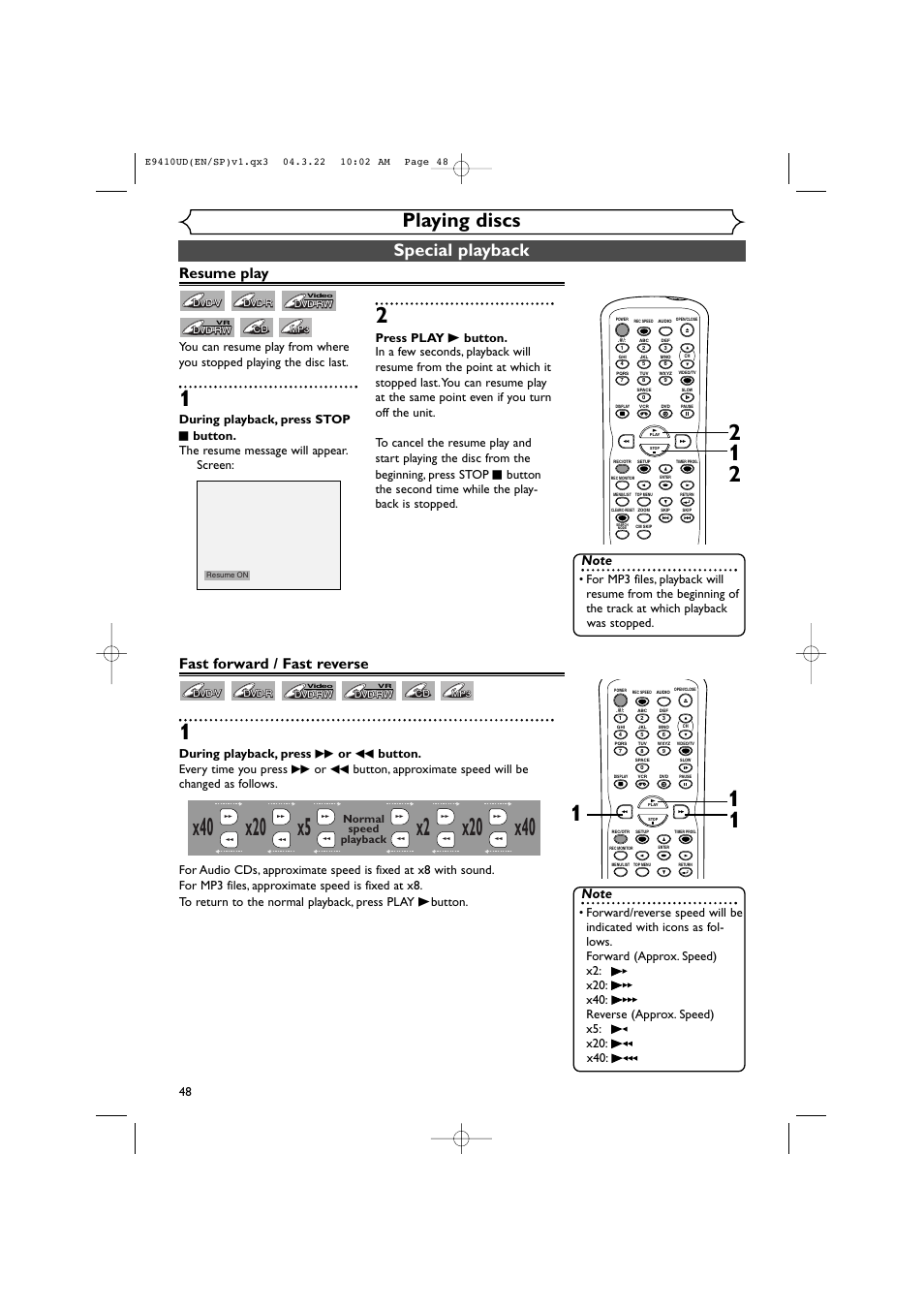 Playing discs, Special playback, Resume play | Fast forward / fast reverse | Sylvania DVR90VE User Manual | Page 48 / 108