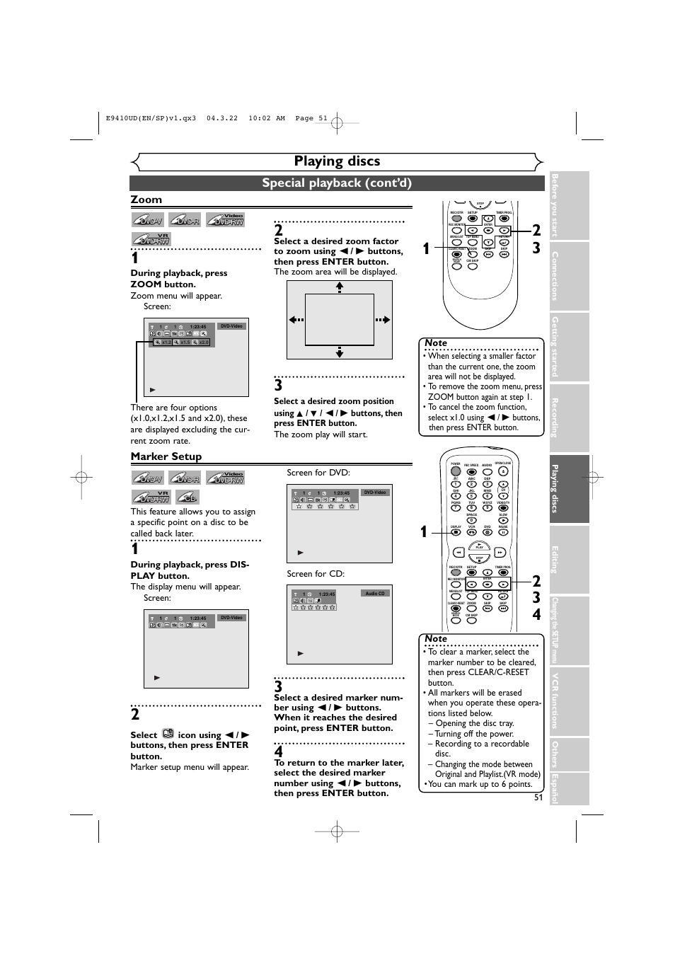 Playing discs, Special playback (cont’d), Zoom | Marker setup | Sylvania DVR90VE User Manual | Page 51 / 108