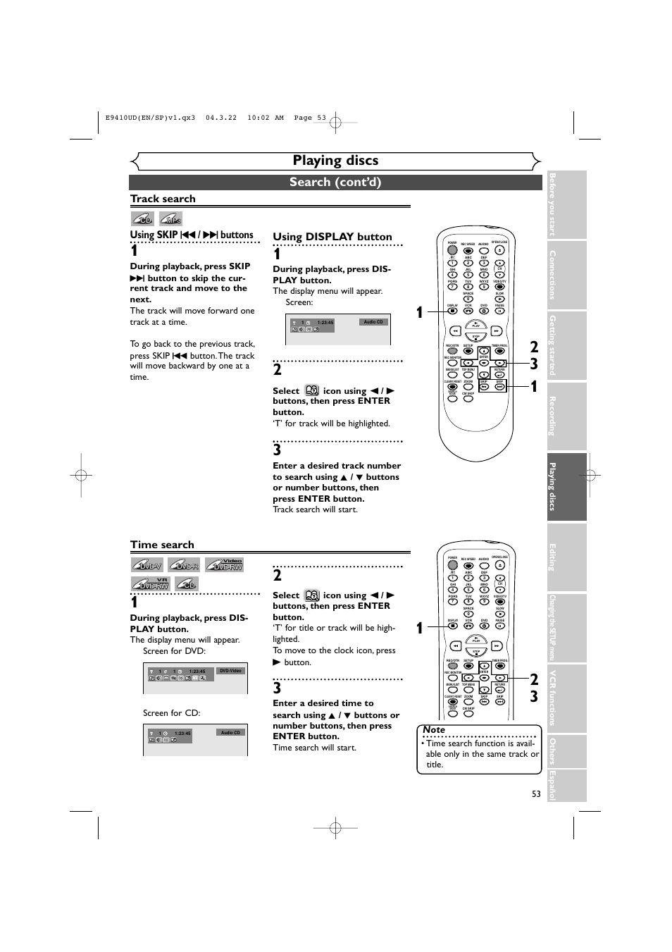 Playing discs, Search (cont’d), Track search using skip h / g buttons | Using display button, Time search | Sylvania DVR90VE User Manual | Page 53 / 108